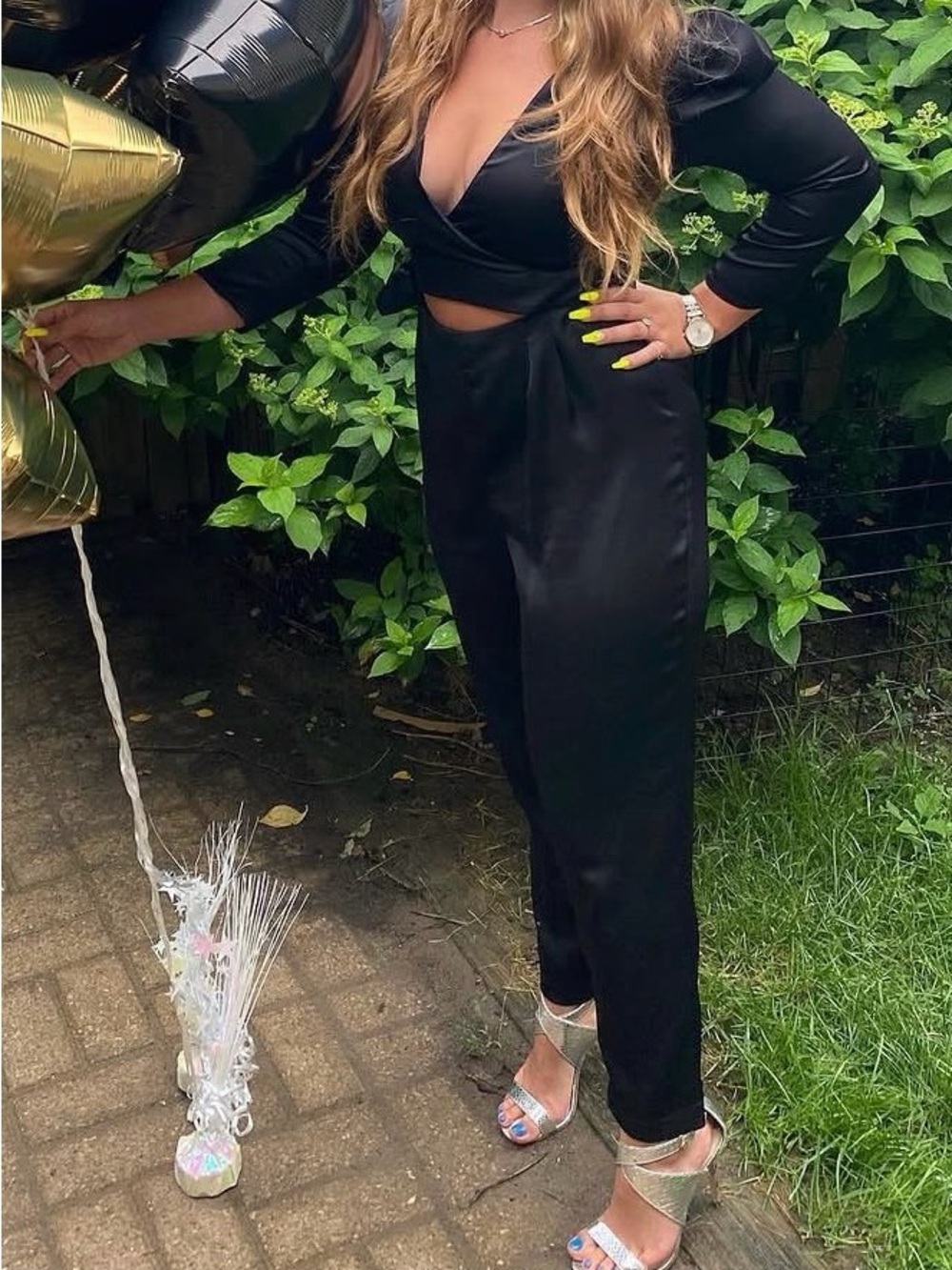 Dynamite Black Satin Cutout Straight-Leg Jumpsuit